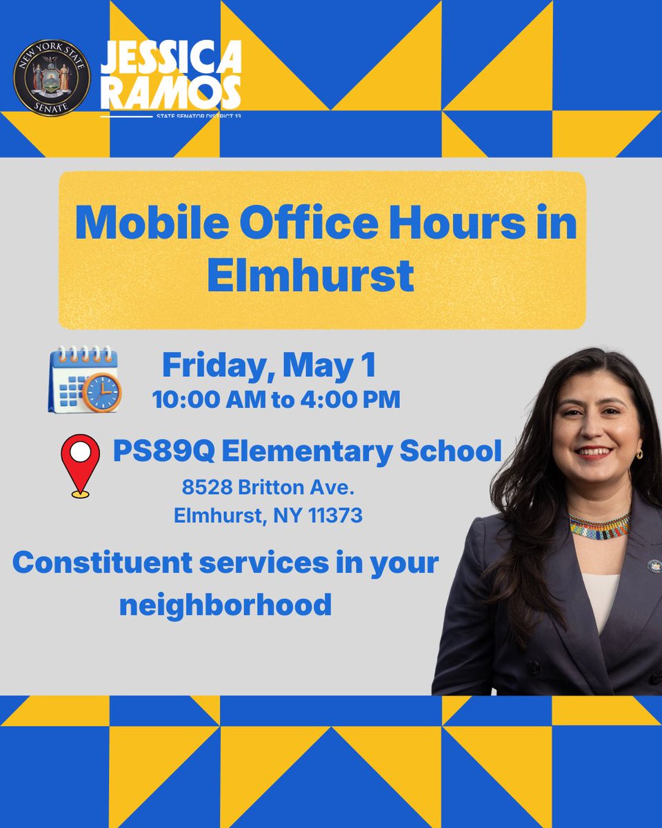 jessicaramosqns's tweet photo. We’re continuing our Mobile Office Hours across the district, next stop: Elmhurst!
🗓️ Friday, May 1
🕙 10:00 AM – 4:00 PM
🏫 PS 89Q Elementary School
Get connected to the services and support you need, right in your neighborhood. 🤝
#teamramos https://t.co/FYwPkPSzFo