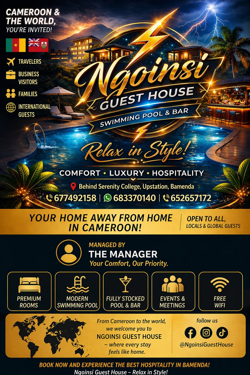 Alombah5's tweet image. Looking for where to stay in Bamenda?
Ngoinsi Guest House offers comfort, luxury &amp;amp; a relaxing poolside experience 🏊‍♀️✨
📍 Upstation, Bamenda
📞 677492158 | 683370140 | 652657172 (Manager)
Open to locals &amp;amp; international guests 🌍
#Bamenda #Cameroon #TravelAfrica
