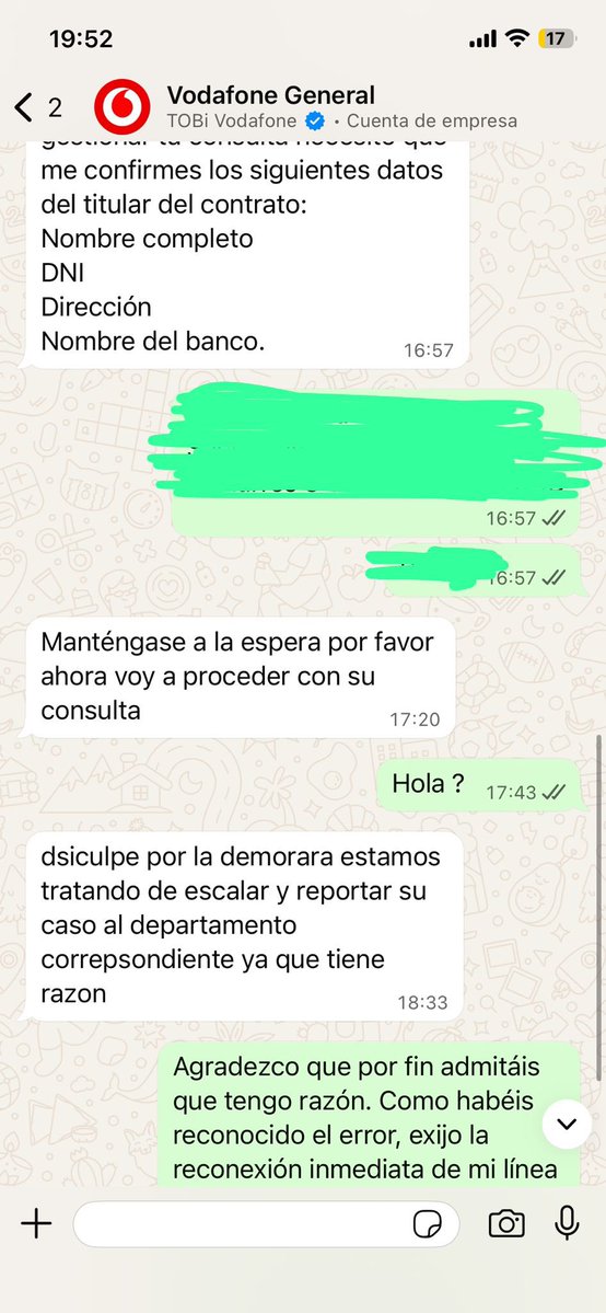 Martahxx's tweet image. Increíble lo de @vodafone_es. Me engañan para que pague 150€ bajo promesa de fraccionamiento y después de cobrar, me cortan el servicio. Llevo 3 horas en un chat de whatsp donde me dicen que 'tengo razón' pero me dejan en visto¿Así tratáis a vuestros clientes? #Vodafone #Fraude