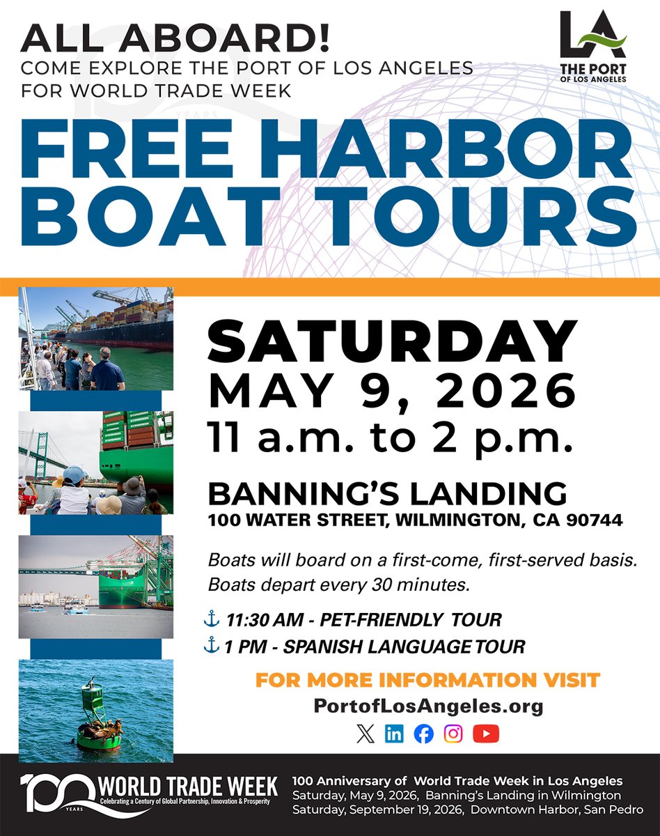 PortofLA's tweet photo. Join the Port of Los Angeles for FREE Harbor Boat Tours to celebrate the 100th Anniversary of World Trade Week. https://t.co/LX0KHn8XbV