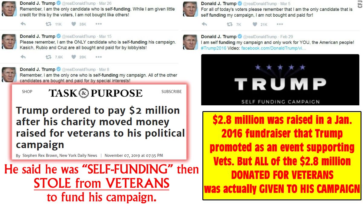 NOT_CFJ's tweet image. #FlashbackFriday After constantly claiming to self fund his 2016 campaign, Trump STEALS the money raised for Veterans by funneling it into his campaign
 (YES, it's stealing even if you return it after GETTING CAUGHT)
web.archive.org/web/2024022221…
#PTSD #TBI 
@AdamKinzinger #RIPGOP