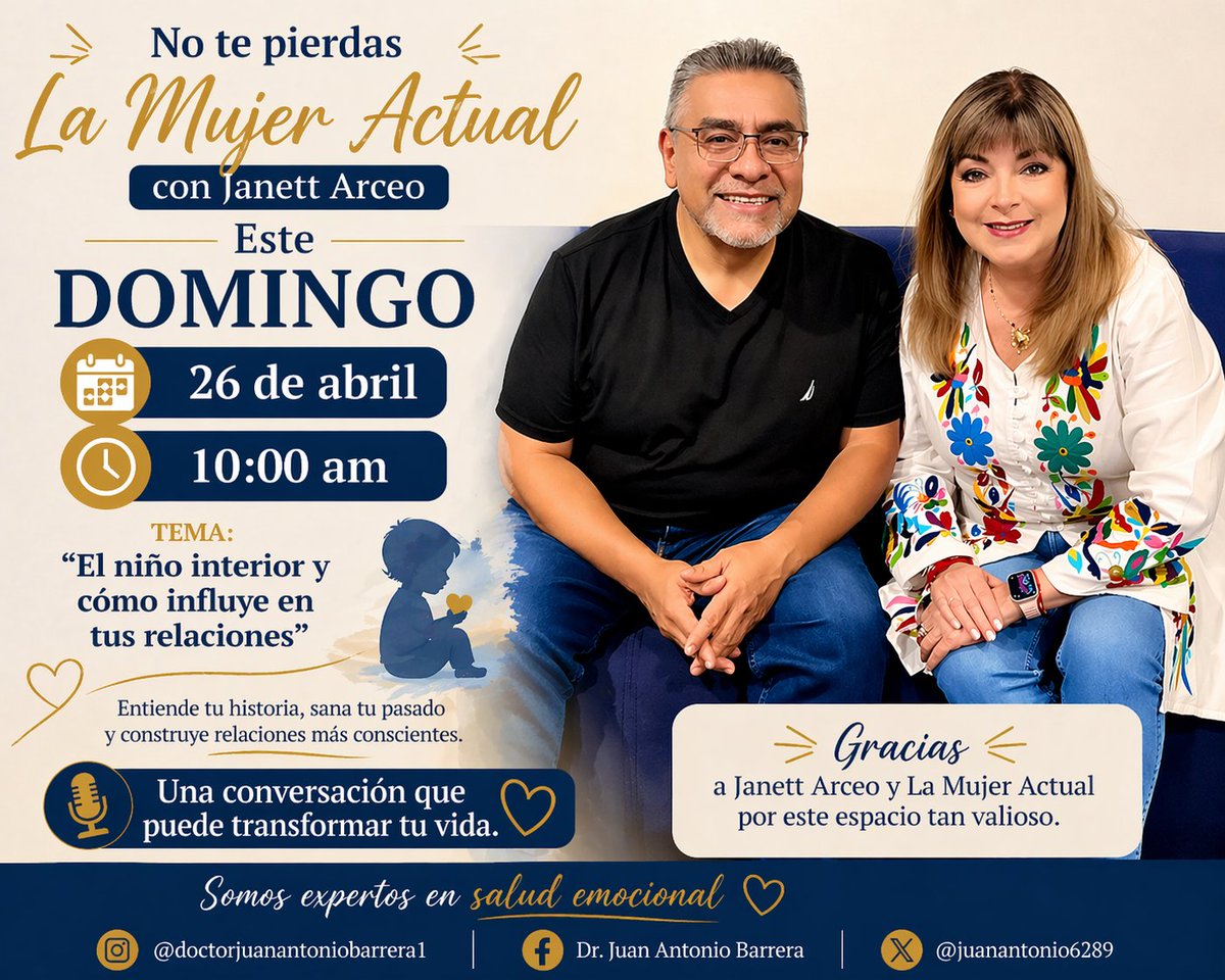 Este domingo 26 de abril a las 10:00 am no te pierdas <a href="/lamujeractual/">La Mujer Actual</a> con Janett Arceo
🧠 Estaremos hablando de:
“El niño interior y cómo influye en tus relaciones”
💔 Descubre por qué repites historias en el amor… y cómo empezar a sanarlas.
Te esperamos!
Dr. Juan Antonio Barrera