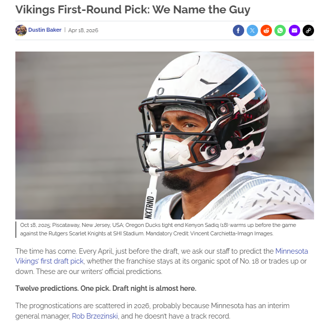 DustBaker's tweet photo. Evidence that Josh Frey knows his shit.

@Freyed_Chicken — Who's one player the Vikings will leave the draft with on Friday night? Retweet me, plz. https://t.co/klu4o2zaaN