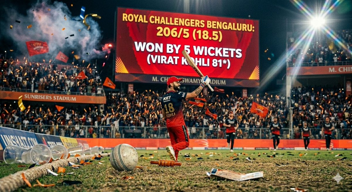 TheRanaSaha's tweet photo. VICTORY AT THE CHINNASWAMY! 🏟️❤️
RCB chases down 206/5 against Gujarat Titans! Virat Kohli’s clinical 81(44) set the tone, and the boys finished it in 18.5 overs. Massive 5-wicket win to keep the dream alive! 📈🔥
#RCBvsGT #IPL2026 #ViratKohli https://t.co/TmepuZ8qmv