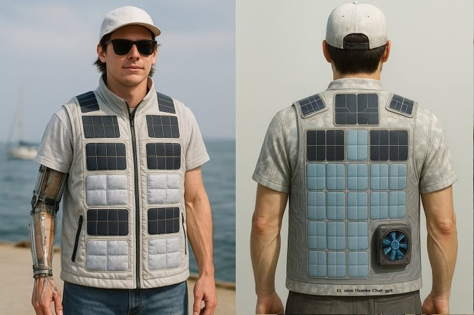 Wiz_Dimensional's tweet photo. https://t.co/dgJWn9bI3k                                    A solar Peltier cooling vest called the Photon Ember / VoltWeave concept works by combining passive Phase Change Material (PCM) and active thermoelectric cooling: the PCM packs begin absorbing heat as they melt around 64–72°F (≈70°F target), holding the vest interior near that temperature for about 2–4 hours even in ~95°F heat, making the wearer feel roughly 20–25°F cooler; once the PCM is fully melted, the system switches to active cooling where a Peltier module pulls heat from the body and dumps it outward through a heatsink and fan, producing warm exhaust air (~110–140°F at the hot side, vented away) while maintaining a reduced but steady cooling effect of about 10–15°F below ambient (≈80–85°F inside when it’s 95°F outside), typically lasting ~2.5–3.5 hours on a 10,000mAh battery, with runtime extended if solar panels are actively recharging.