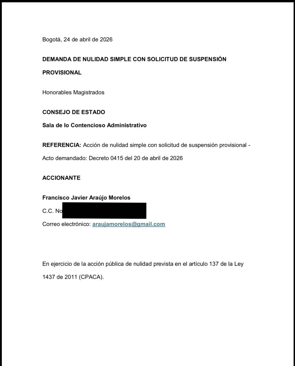 JavierAraujo_'s tweet photo. He radicado demanda de nulidad contra el Decreto 0415 de 2026 que ordena el traslado de recursos del RAIS a Colpensiones. Solicité suspensión provisional, nulidad total y protección del ahorro pensional frente al exceso reglamentario y la desviación de poder. #ControlDeLegalidad https://t.co/lcEr9NiFPj