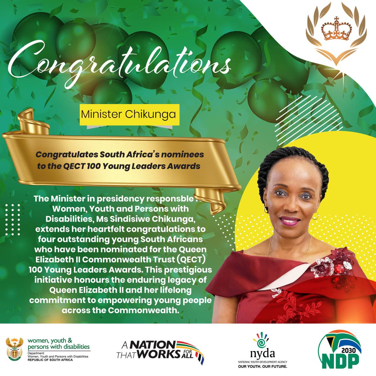 DWYPD_ZA's tweet image. Celebrating excellence and leadership! 🎉

Minister @s_chikunga congratulates four outstanding young South Africans nominated for the QECT 100 Young Leaders Awards — a powerful recognition of youth driving change and building a better future for all 🇿🇦

#YouthInAction 
#QECT100