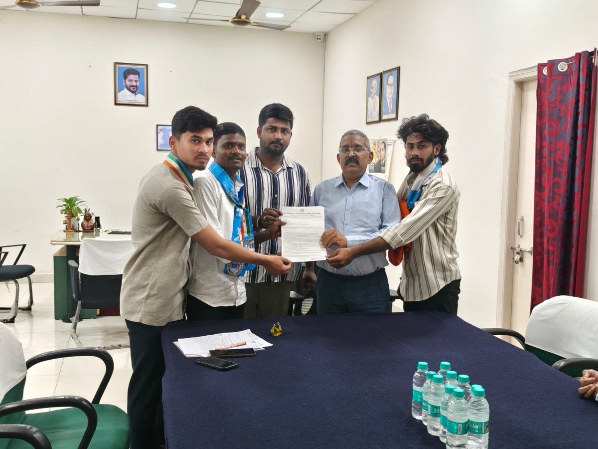 SaiKakerla's tweet photo. On behalf of National Students' Union of India, Telangana State Leaders  met State Board of Technical Education and Training, Secretary Shri A. Pullaiah Garu,  and represented the issue of biometric failures affecting Polytechnic students’ attendance and hall tickets. https://t.co/LVddETjezi