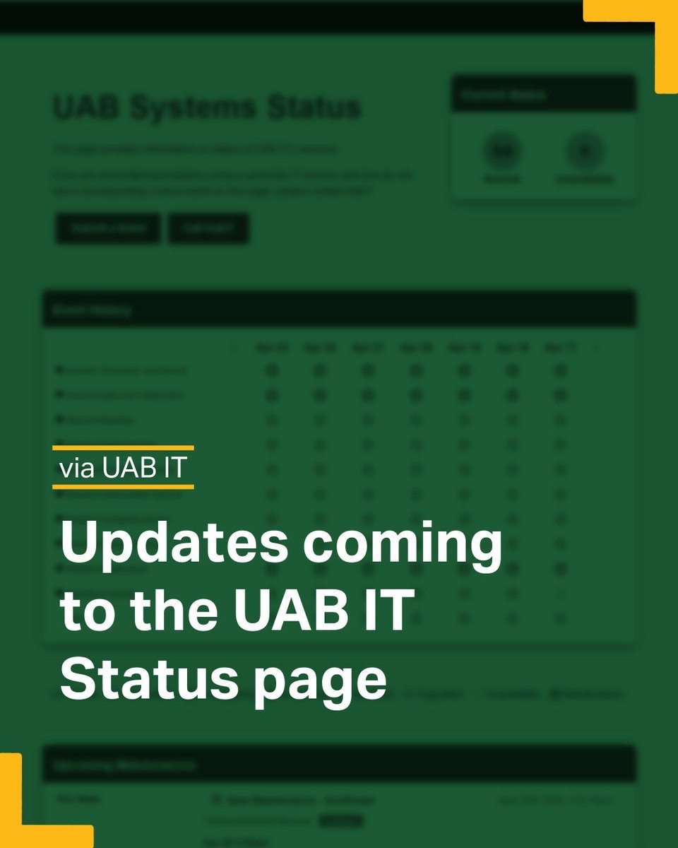 UABIT's tweet photo. New look, same great information 
We've redesigned the UAB System Status page this week to improve clarity, accessibility and ease of use.
Read more: https://t.co/7ICGBFFSGs https://t.co/vTpbIBQTot
