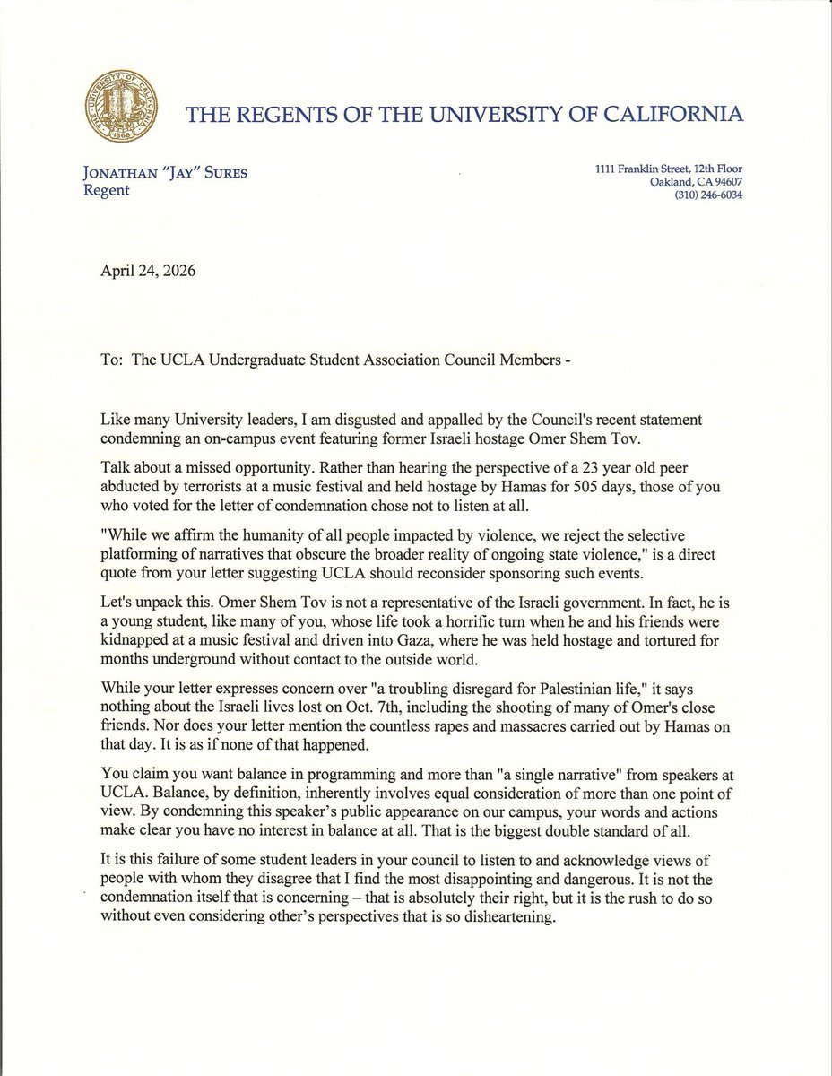 DylanByers's tweet photo. NEW: UTA’s Jay Sures has sent forceful letter to the UCLA Student Council saying he is “disgusted and appalled” by their decision to condemn appearance of former Israeli hostage Omer Shem Tov.

Full letter: https://t.co/oYmZPOjv5e