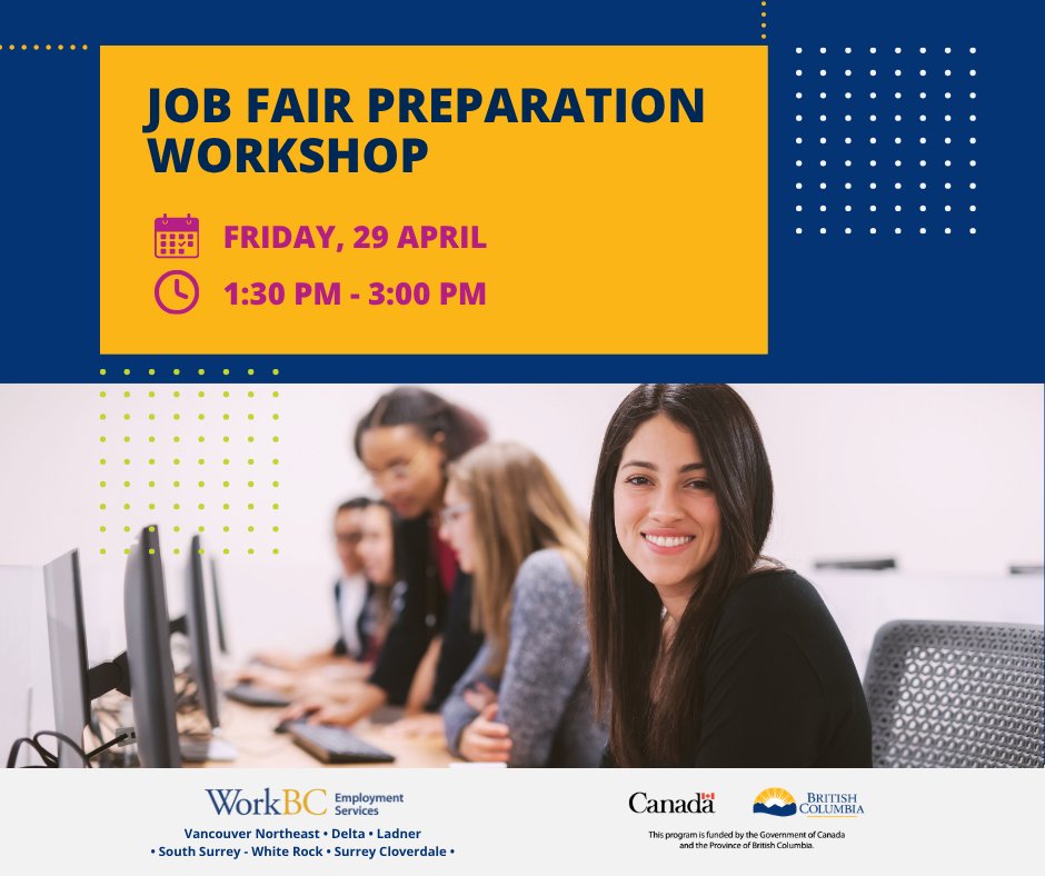 WorkBCSSWR's tweet photo. Planning to attend one of our many hiring events? Then be sure to sign up for this Job Fair Preparation Workshop and get expert advice on how to optimize your engagement with recruiters and increase your chances of landing your dream job!

REGISTER TODAY! https://t.co/RdIDrI3YUw https://t.co/NVMJj691DR