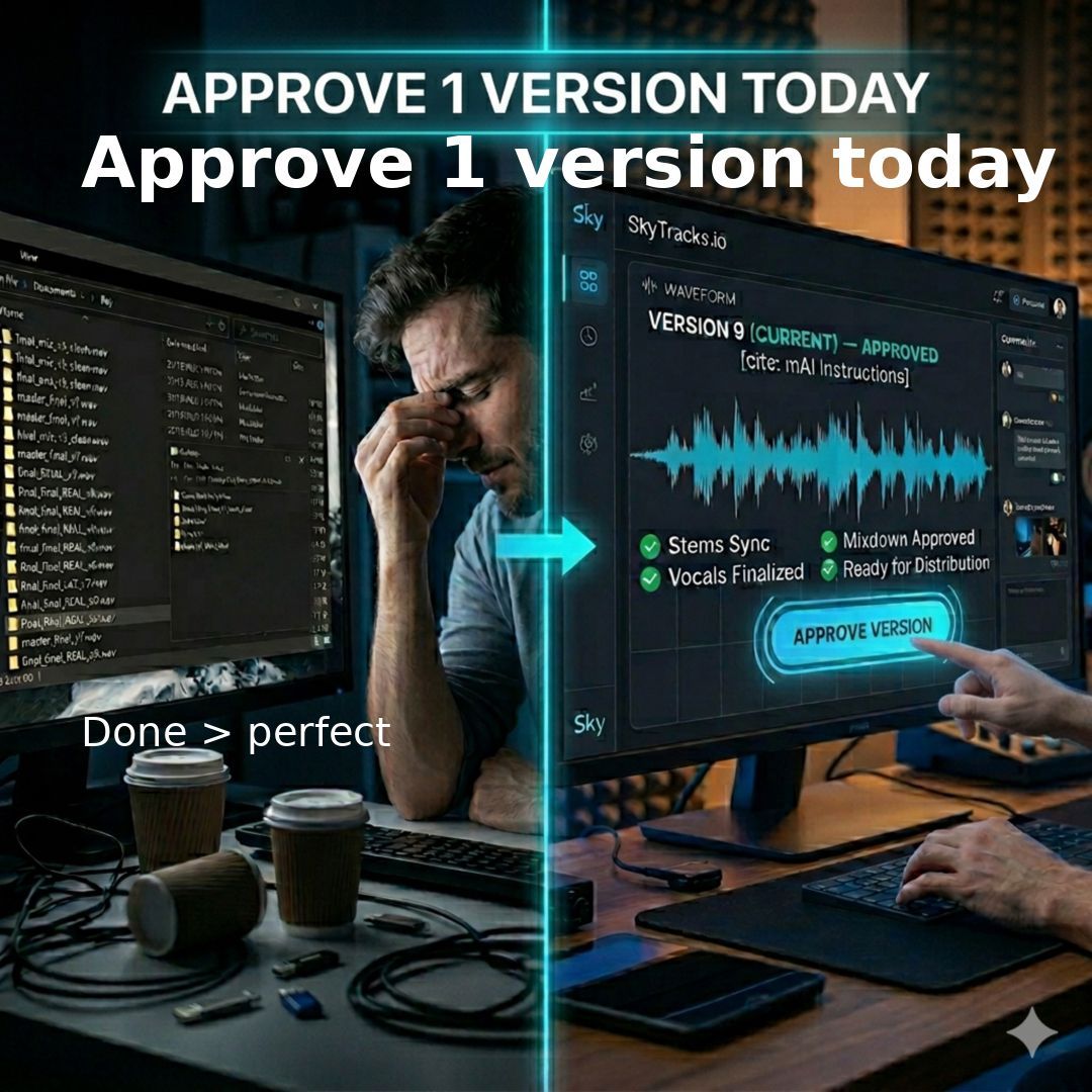 SkyTracks_io's tweet image. Approve 1 version today.
Not tweak.
Not overthink.
Decide.
That’s how tracks get finished.
#MusicProduction #Producers #IndieMusic #Workflow #FinishTracks