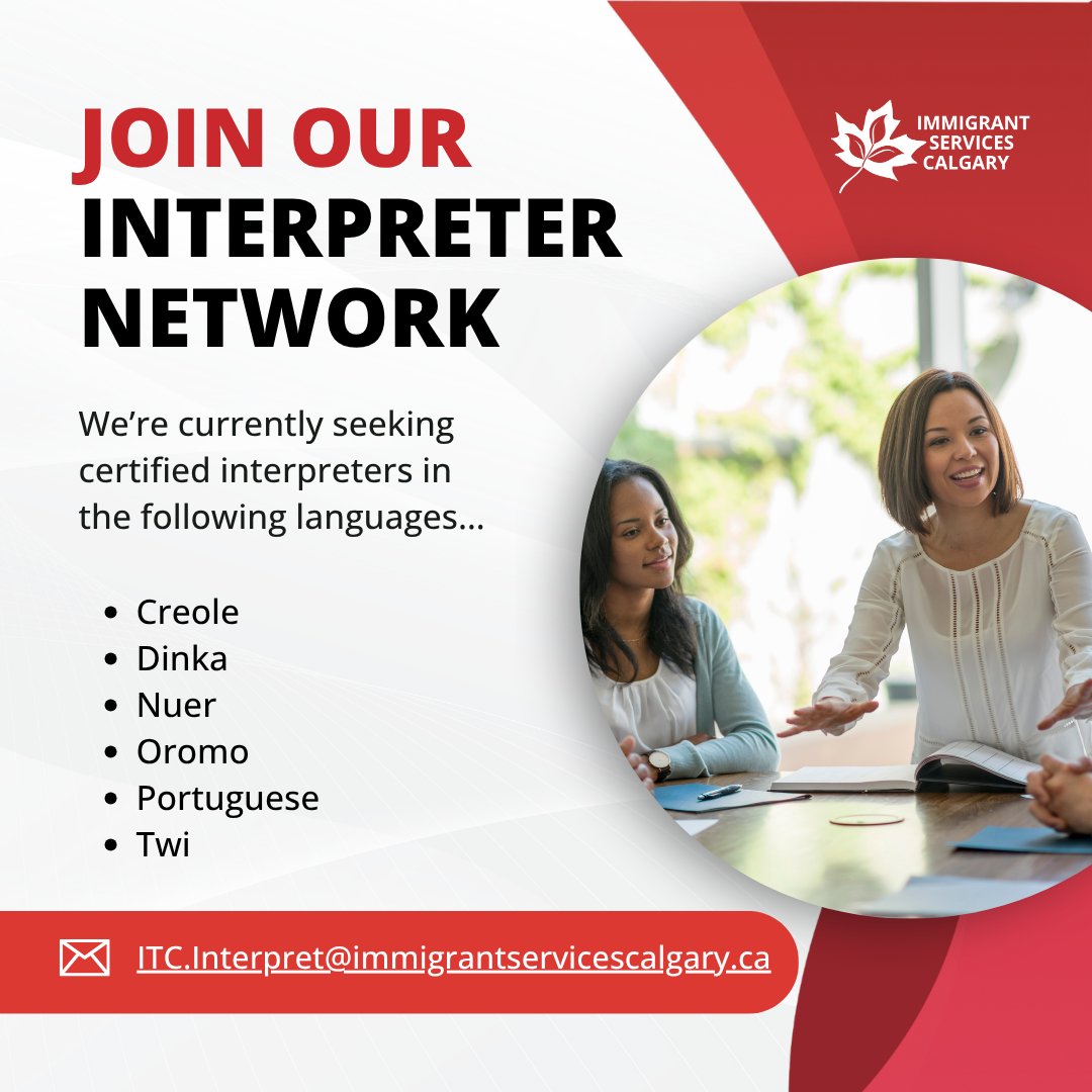 ISCyyc's tweet photo. Join our interpreter network. 🌍
We are currently seeking certified interpreters in the following languages:
Creole, Dinka, Nuer, Oromo, Portuguese, and Twi
📩 Send your resume and certifications to:
 ITC.Interpret@immigrantservicescalgary.ca
Please share this opportunity. https://t.co/zqEiFzFhUf