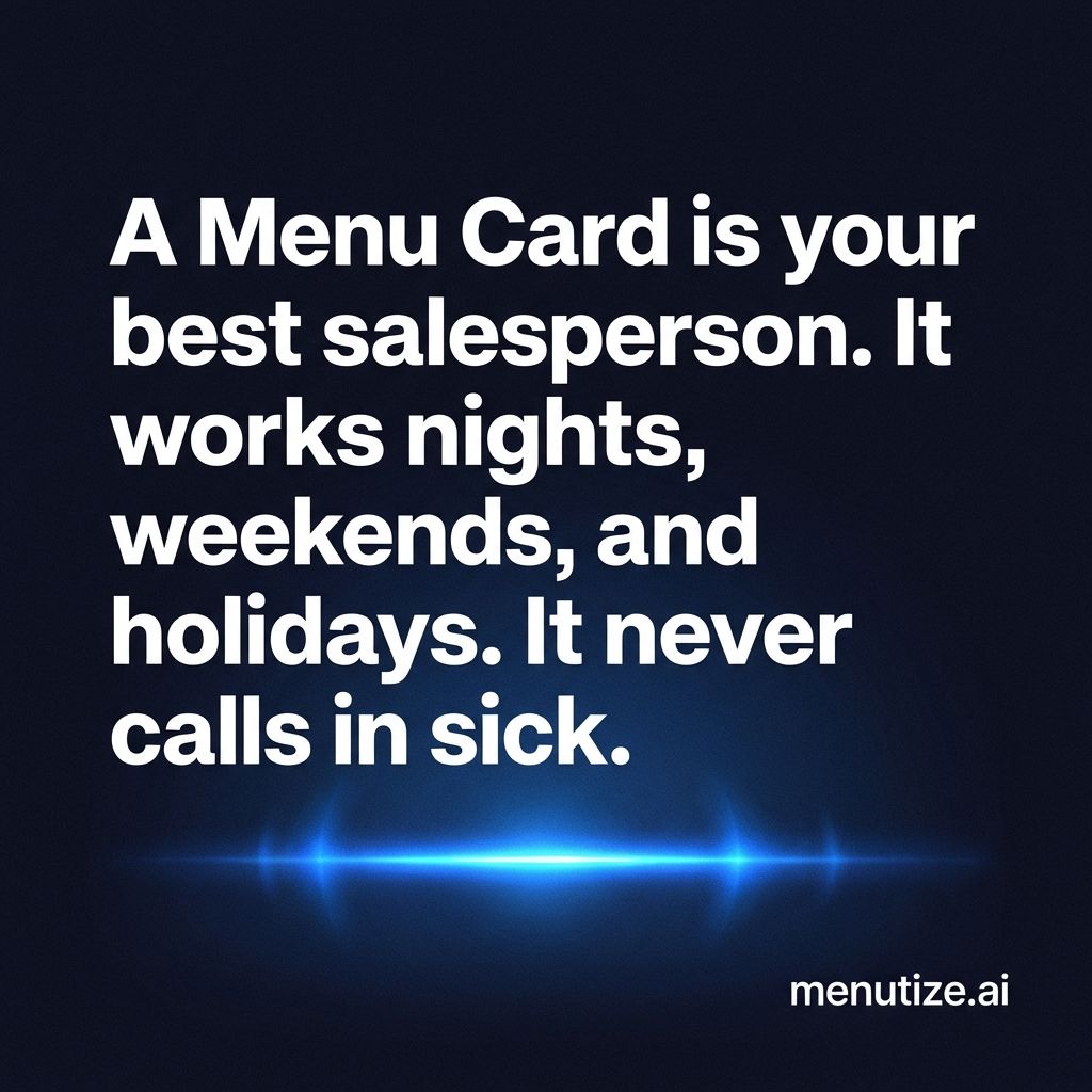 Menutize's tweet photo. A Menu Card works nights, weekends, and holidays.\n\nIt never calls in sick.\n\nYour best salesperson. https://t.co/YmkKbdppwF https://t.co/lsIw2vAtJk