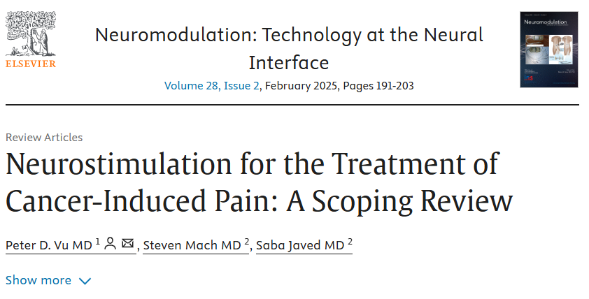 IntlNeuromod's tweet photo. #FBF2025: This scoping review synthesizes evidence on neurostimulation interventions for treating cancer-induced pain.

📖 “Neurostimulation for the Treatment of Cancer-Induced Pain: A Scoping Review”

👀 https://t.co/rgpGAINUWI

HOW TO CITE 👉 Vu P.D., Mach S., Javed S. 2025. Neurostimulation for the Treatment of Cancer-Induced Pain: A Scoping Review. Neuromodulation 2025; 28: 191–203.

➡️ DOI: https://t.co/xxGrnF9hyr

#OpenAccess #CancerPain #Neurostimulation #PainManagement #Neuromodulation