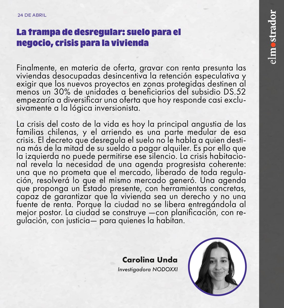 La desregulación del suelo se vende como solución a la crisis habitacional, pero puede terminar profundizándola 🏙️⚠️ En esta columna para <a href="/elmostrador/">El Mostrador</a> , nuestra investigadora Carolina Unda advierte que liberar suelo sin planificación favorece la especulación inmobiliaria 💰 y no
