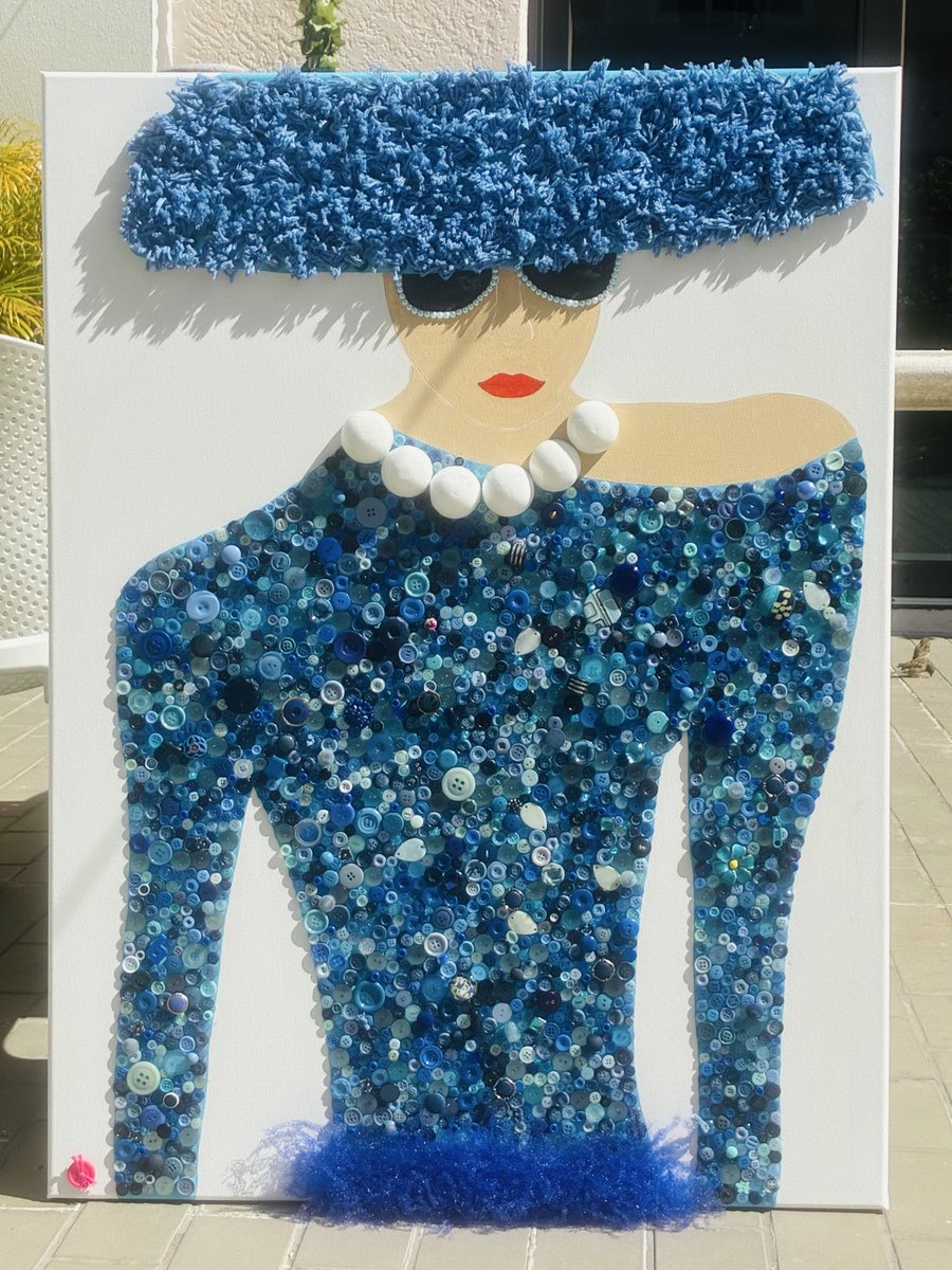 CatherineBenoot's tweet image. I have just completed "Lady in Blue", a 30x40 inch piece now available. The dazzling Floridian blue skies inspired me to craft a blue artwork, showcased here. Art by Cathérine Benoot. #art #blue  #whimsical