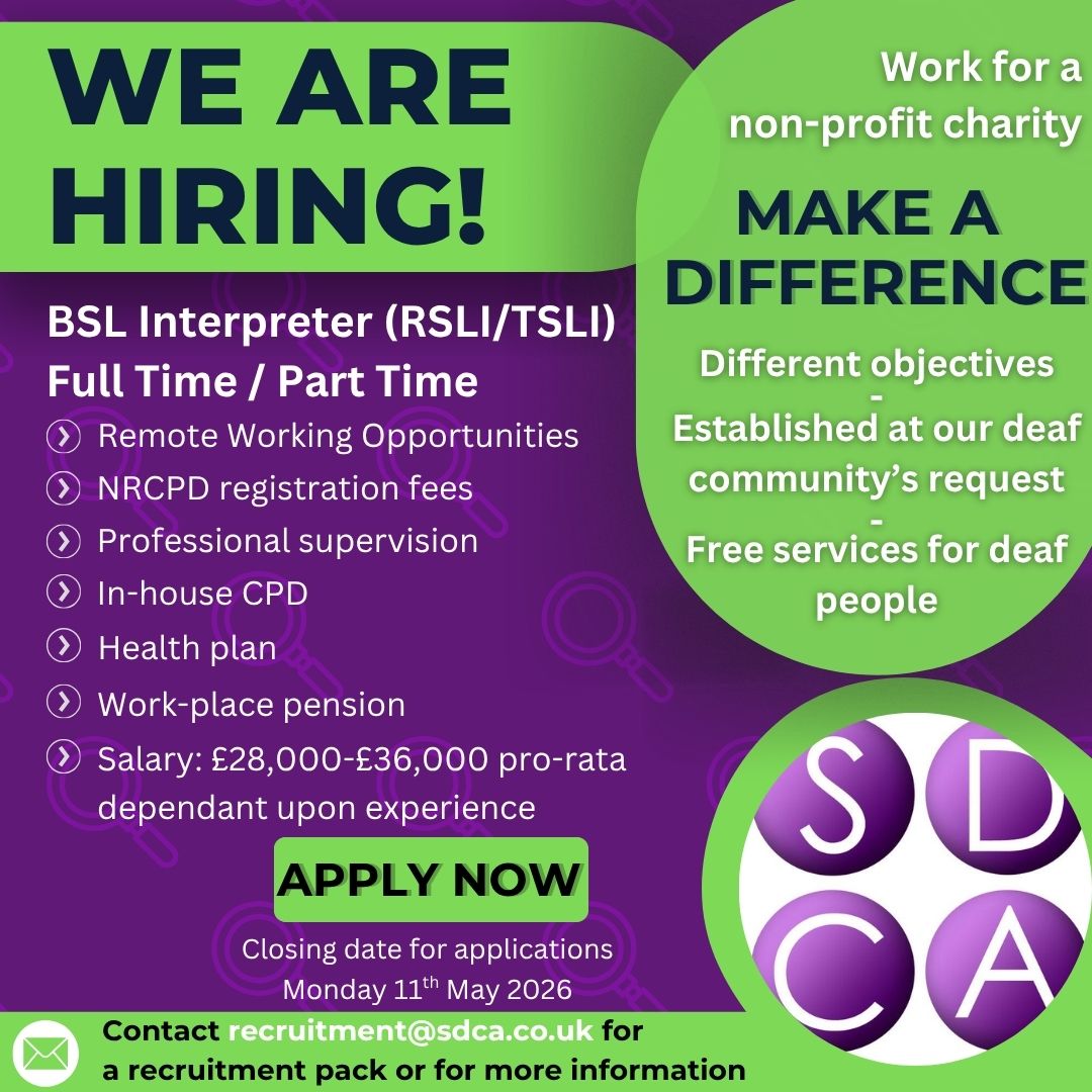 sandwelldeafcom's tweet image. 📷 We’re Hiring at SDCA! 📷
We’re excited to announce we’re recruiting for an amazing position!
📷BSL Interpreter (RSLI/TSLI)
Full-time
For more details, check out the poster!
📷 Apply Now and Join Our Team!
#SDCA #JobOpportunity #Recruitment #Hiring #BSLInterpreting #JoinOurTeam