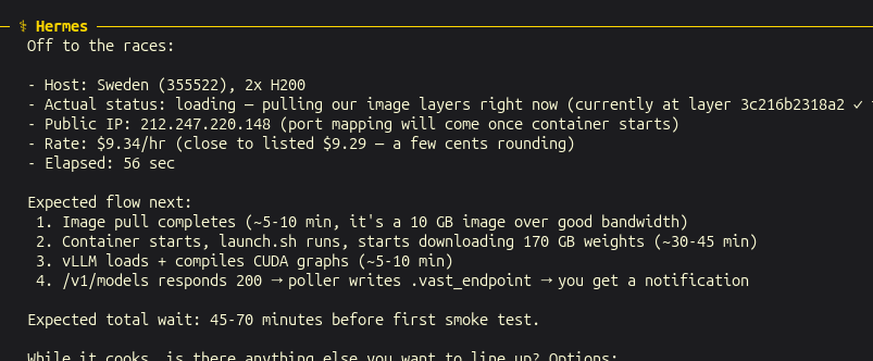 Hermes just rented two H200`s in Sweden for us so we can play with DeepSeek v4 Flash... Weights downloading now... 🧙‍♂️