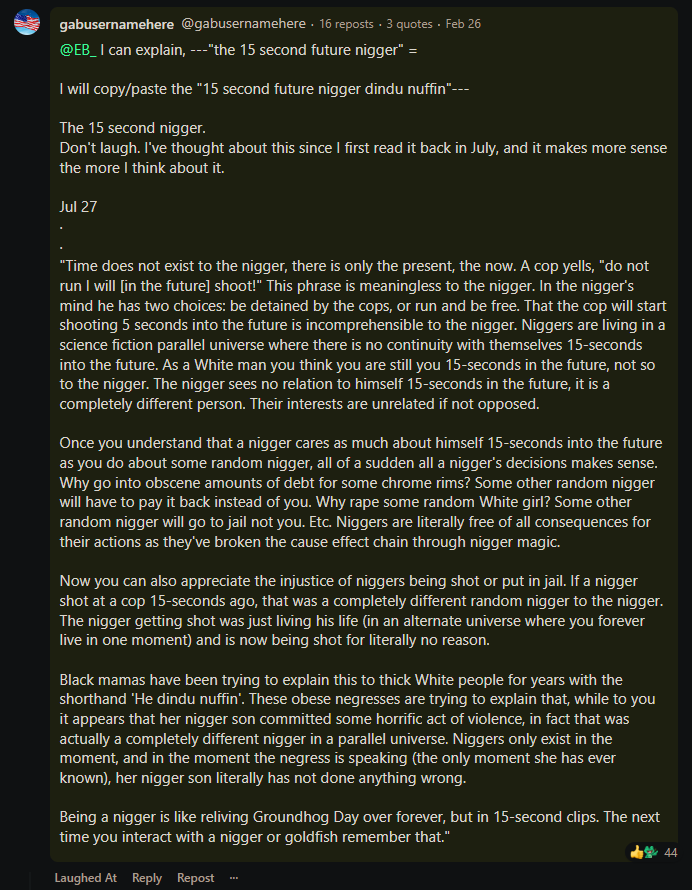 The head stomper's mother claims her son is innocent. How can she be like that?

Well, there was a whole thread on 4chan about how black people experience time and space differently. They don't identify with their future or past selves. They consider those versions to be other