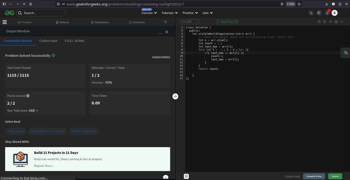 sgsuper12373's tweet image. Solved POTD on @geeksforgeeks  

Problem: buildings-receiving-sunlight3032
Approach: count number of element in increasing order 

Time: O(n) 
Space: O(1) 
Accuracy : 50 % 
CurrStreak: 4 days

#geeksforgeeks #problemsolving #DSA #array