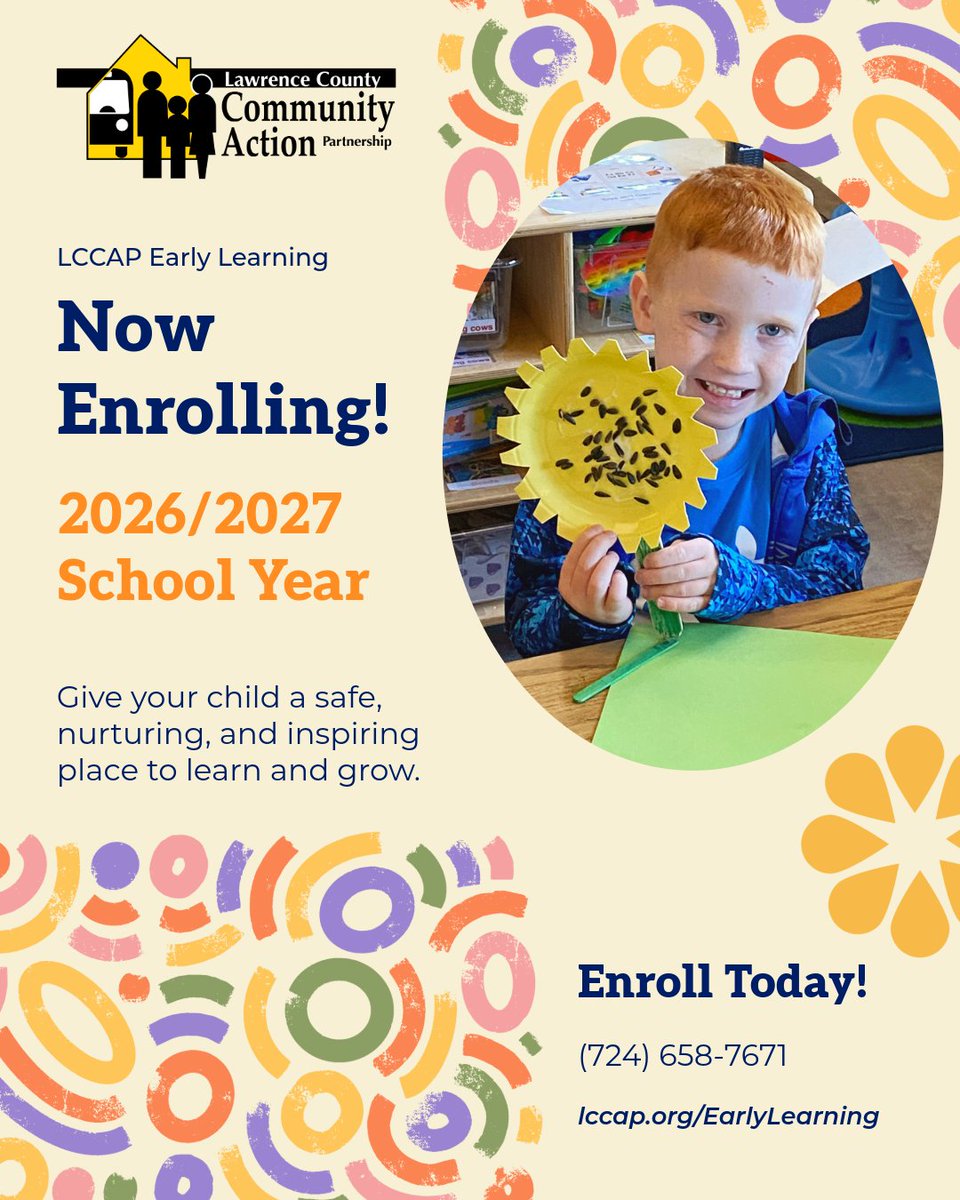 LawCountyCAP's tweet image. 📣 Now Enrolling for 2026–2027!

LCCAP Early Learning offers preschool + daycare options to help your child learn &amp;amp; grow 💛

👉 Apply today: lccap.org/earlylearning

#NowEnrolling #LCCAP #EarlyLearning #Preschool #Daycare