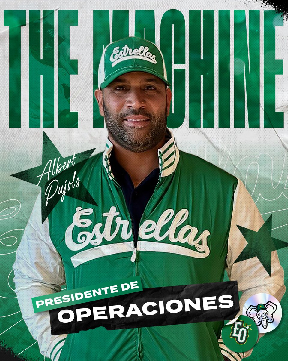 AlexanderMotaC's tweet photo. Albert Pujols asume como nuevo Presidente de Operaciones de Béisbol, de las Estrellas Orientales  trayendo consigo toda la experiencia de una carrera histórica en MLB.

Un nuevo capítulo comienza para las Estrellas 💚 https://t.co/VsGgsn7Xe6