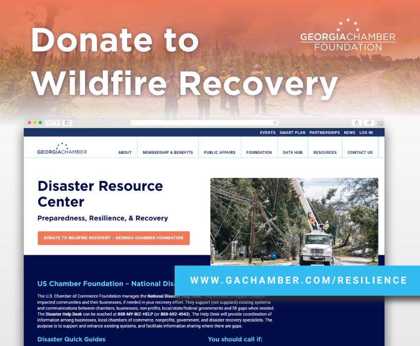 GAChamber's tweet image. When wildfires impact Georgia communities, a fast and coordinated response matters.

In coordination with @GeorgiaEMAHS and local partners, the Georgia Chamber Foundation is now accepting donations to help fill critical gaps in wildfire relief and recovery efforts across our