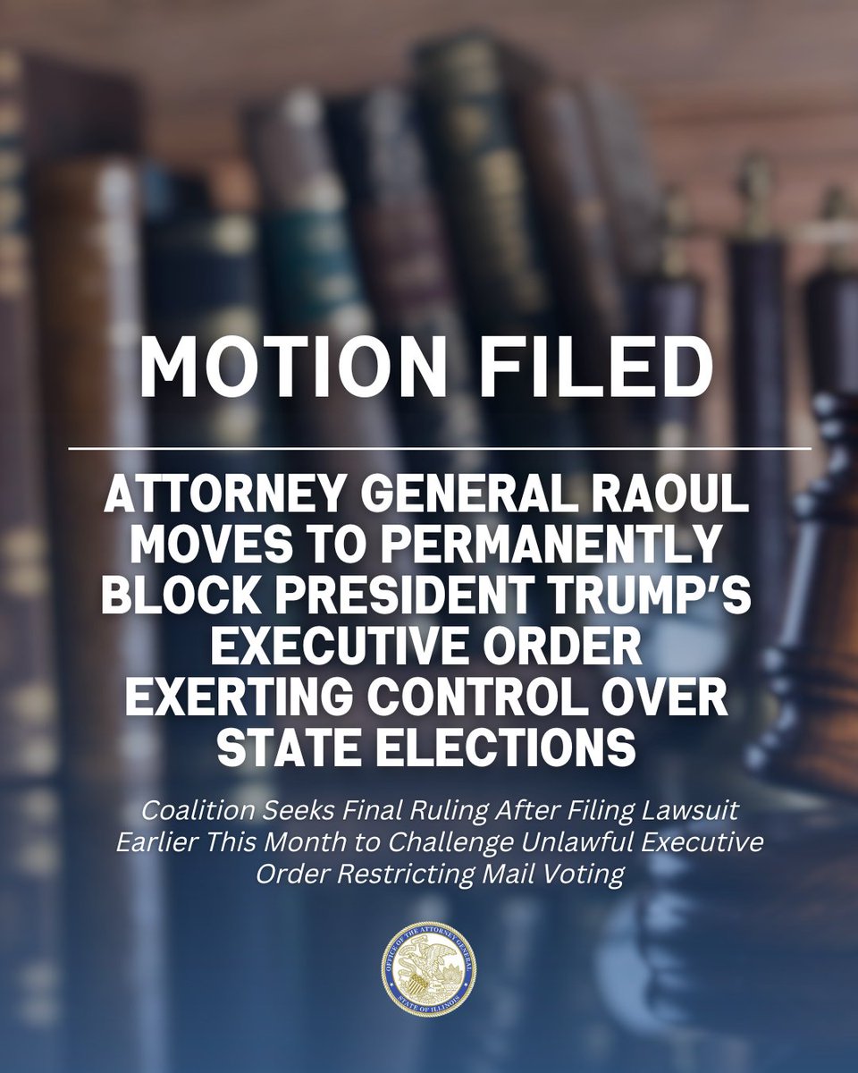 ILAttyGeneral's tweet photo. President Trump does not have the constitutional authority to make or alter laws governing federal elections - states do. This is why I'm asking the court to permanently block this unlawful executive order: https://t.co/0UvYGUojGw https://t.co/Rle5htBdHw