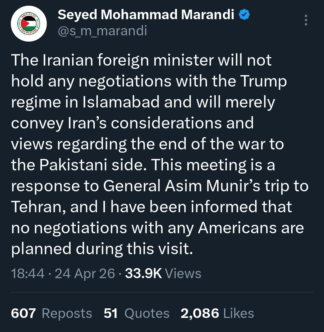 Aamir_Aali's tweet image. For those getting excited on Iranian FM Seyed Abass Araghchi visit to #Islamabad, Pakistan.
Iranians are a proud nation and in response to General Asim Munir's visit , they are conveying their point of view in person.
No discussion / Negotiations with US envoy planned.
#IranWar‌