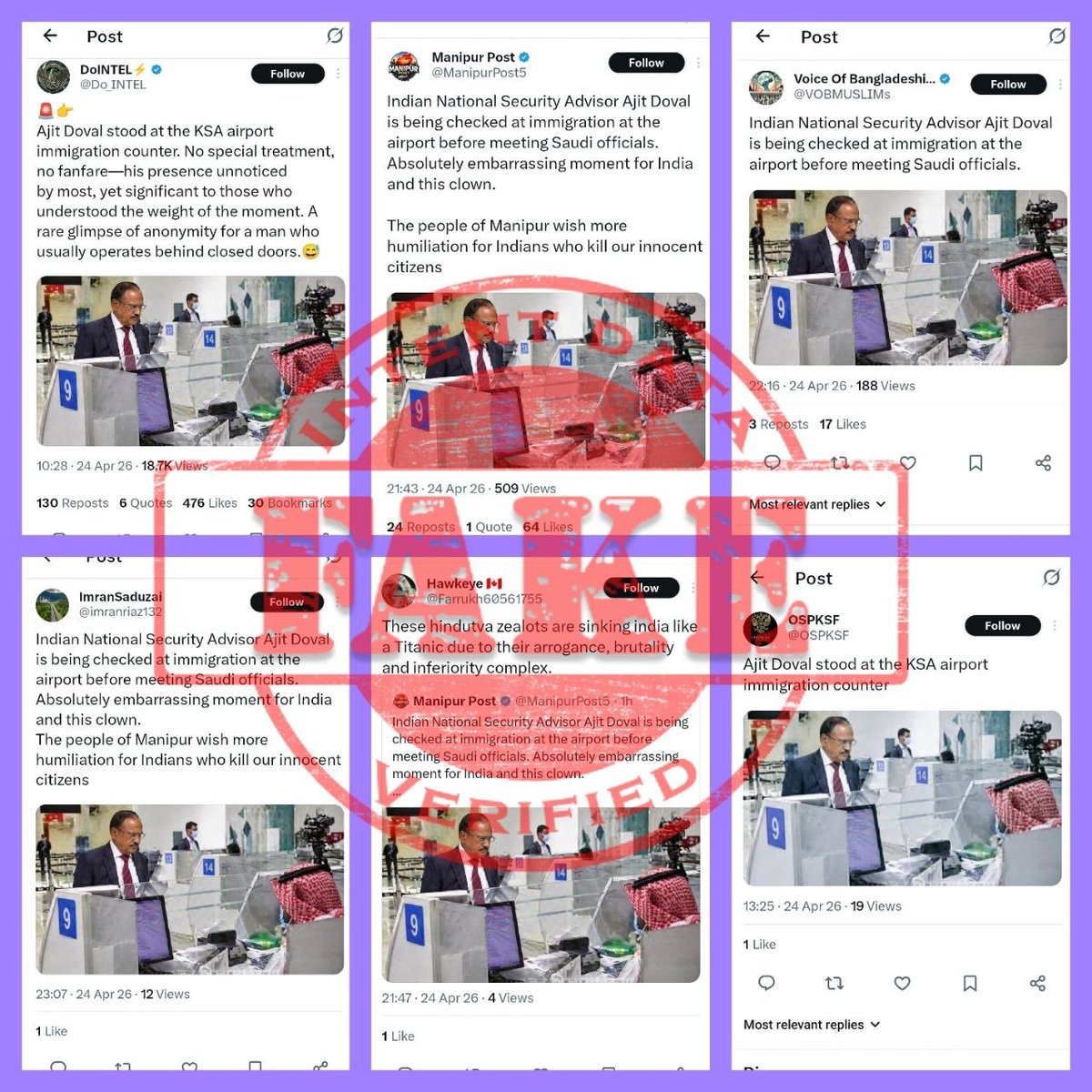 dintentdata's tweet image. 4653
ANALYSIS: Fake

FACT: Pakistani propagandists, along with some Bangladeshi handles, are circulating a digitally altered image falsely claiming that India’s National Security Advisor, Ajit Doval, was subjected to immigration checks at an airport (1/4)