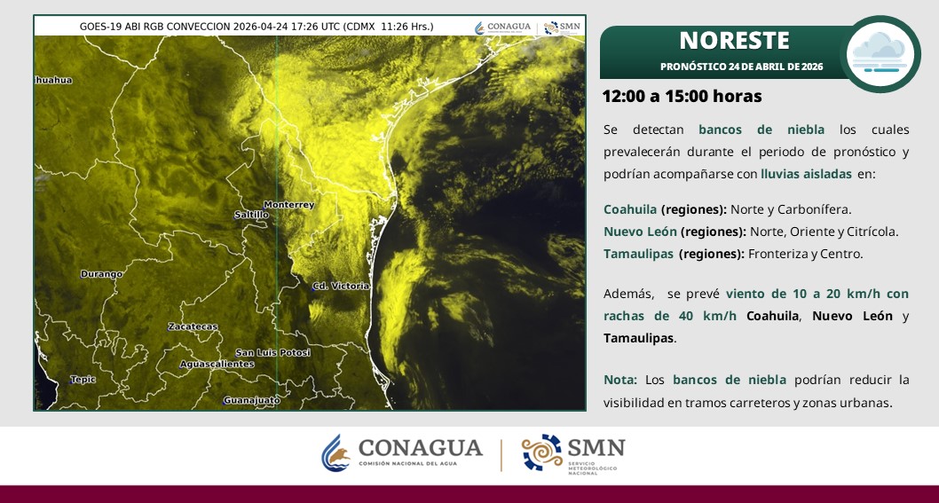 conagua_clima's tweet image. Se pronostican #Lluvias aisladas #Viento con #Rachas de hasta 40 km/h en zonas del noreste de #México.