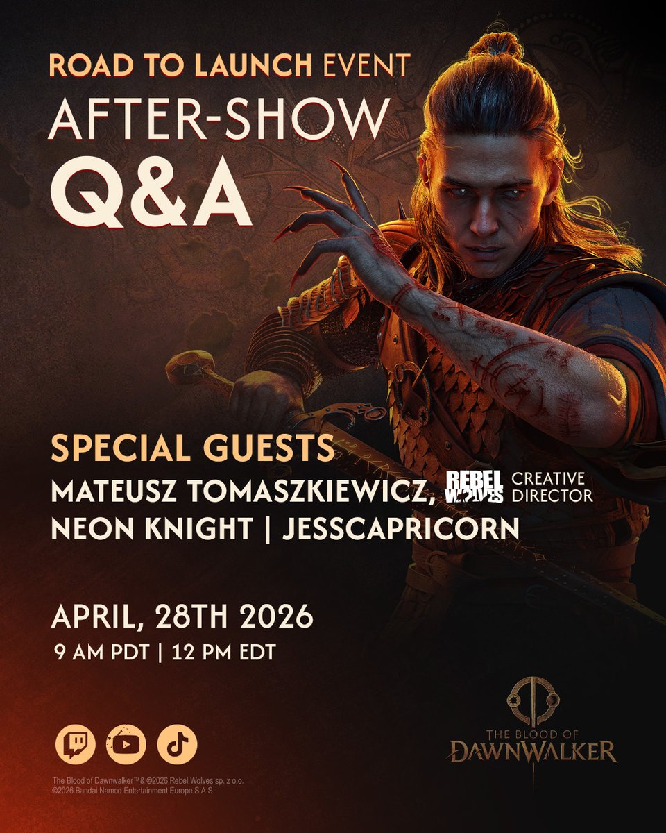 BandaiNamcoUS's tweet photo. Join us immediately after The Blood of Dawnwalker Road To Launch Event for the After-Show Q&amp;A!

We'll be joined by Creative Director, Mateusz Tomaszkiewicz, and special guests @NeonKnightYT and @JessicaBoddy!

🔴: https://t.co/7190NDjaYn
🟣: https://t.co/JrQRghVTdu https://t.co/PUNlfM3ojN