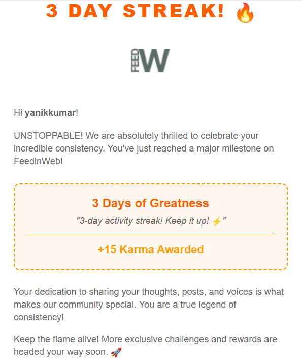 LoL, I forgot that I have created a sweet email for this as well.
3-Day Streak on <a href="/feedinweb/">FeedinWeb</a> 
will start the content journey again. Starting with the controversies now. will post some content regarding all that. Question to all these stupid companies.