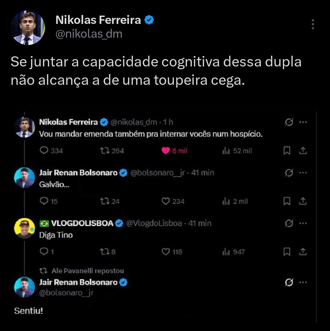 🚨🇧🇷 AGORA: O deputado Nikolas Ferreira ataca Jair Renan Bolsonaro e diz que a sua “capacidade cognitiva” é pior que a de uma “toupeira cega".

Jair Renan é vereador e filho 04 de Jair Bolsonaro.