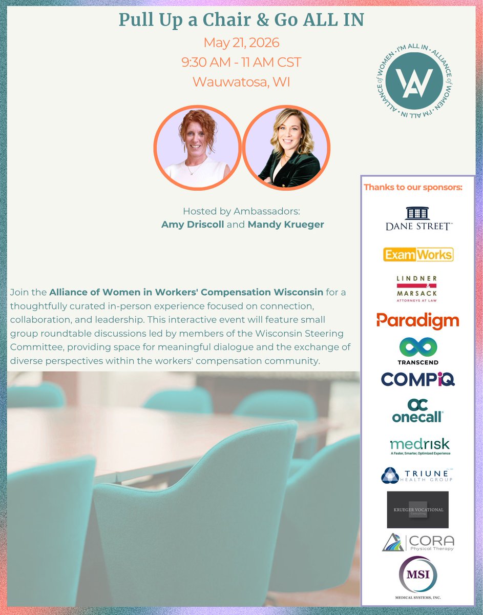allianceofwomen's tweet image. 📢 Upcoming Event: Pull Up a Chair &amp;amp; Go ALL IN
📅 May 21, 2026, 9:30 - 11:00 AM CST
📍Wauwatosa, WI
📲 Register now at lnkd.in/eyP3wRDV

#AllianceWC26 #events #workerscompensation #riskmanagement #womenininsurance