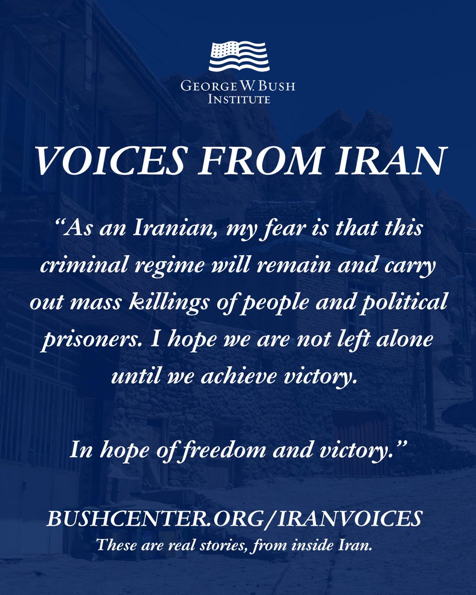 TheBushCenter's tweet photo. The Iranian regime continues to silence the Iranian people through an internet blackout, obstruction of satellite transmissions and cutting of cellular telephone communications. Despite this, the Bush Institute, using trusted interlocutors with limited communications into the country, offers some glimpses, translated into English, into daily life from ordinary Iranians in Iran. Names and locations are obscured for security reasons.
 
Read more about the reality of the Iranian people: https://t.co/UZYPLhgEFl