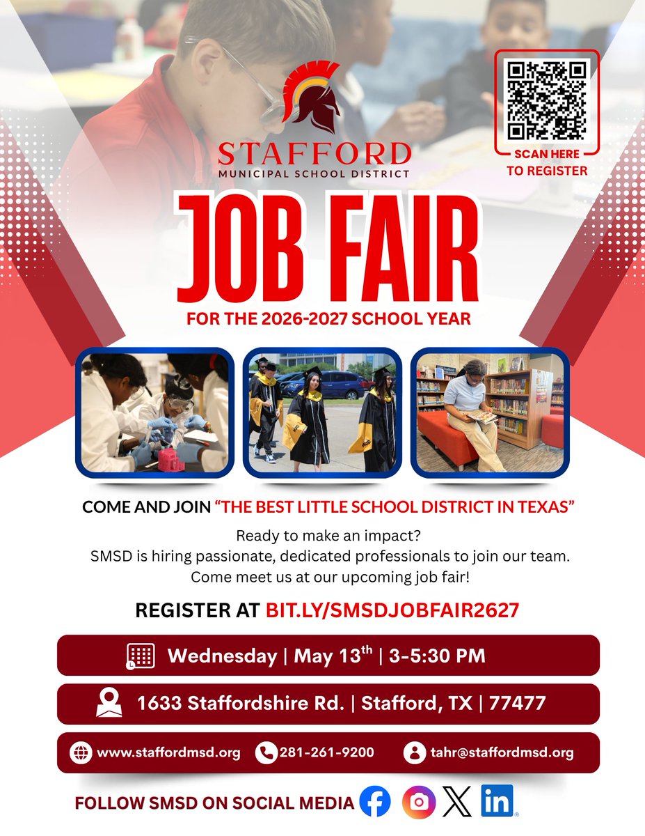 StaffordMSD's tweet photo. 🎉 You're Invited! Join Us at Our District Job Fair!
Looking for a place where you can make a difference and feel valued? Come explore exciting career opportunities with us on May 13, 2026, from 3:00–5:30 PM!

Whether you're a passionate educator, support staff professional, or just beginning your career in education, we’d love to meet you. Discover what makes our team special, connect with campus leaders, and take the next step in your journey..
✨ Competitive opportunities
✨ Supportive work environment
✨ A community that cares

Come see why we’re known as “The Best Little School District in Texas” and why you’ll want to be part of it!

📅 Don’t miss out! Mark your calendar and bring your resume!

#NowHiring #EducationCareers #JoinOurTeam #BestLittleDistrict