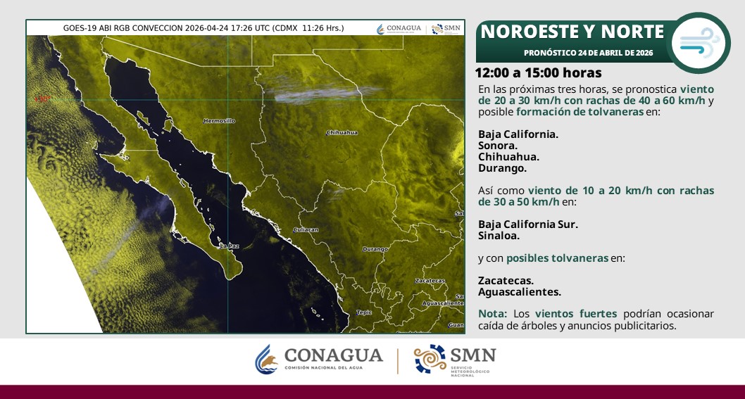 conagua_clima's tweet image. Se pronostican #Rachas de #Viento de 30 a 60 km/h y posibles #Tolvaneras en zonas del noroeste y norte de #México.