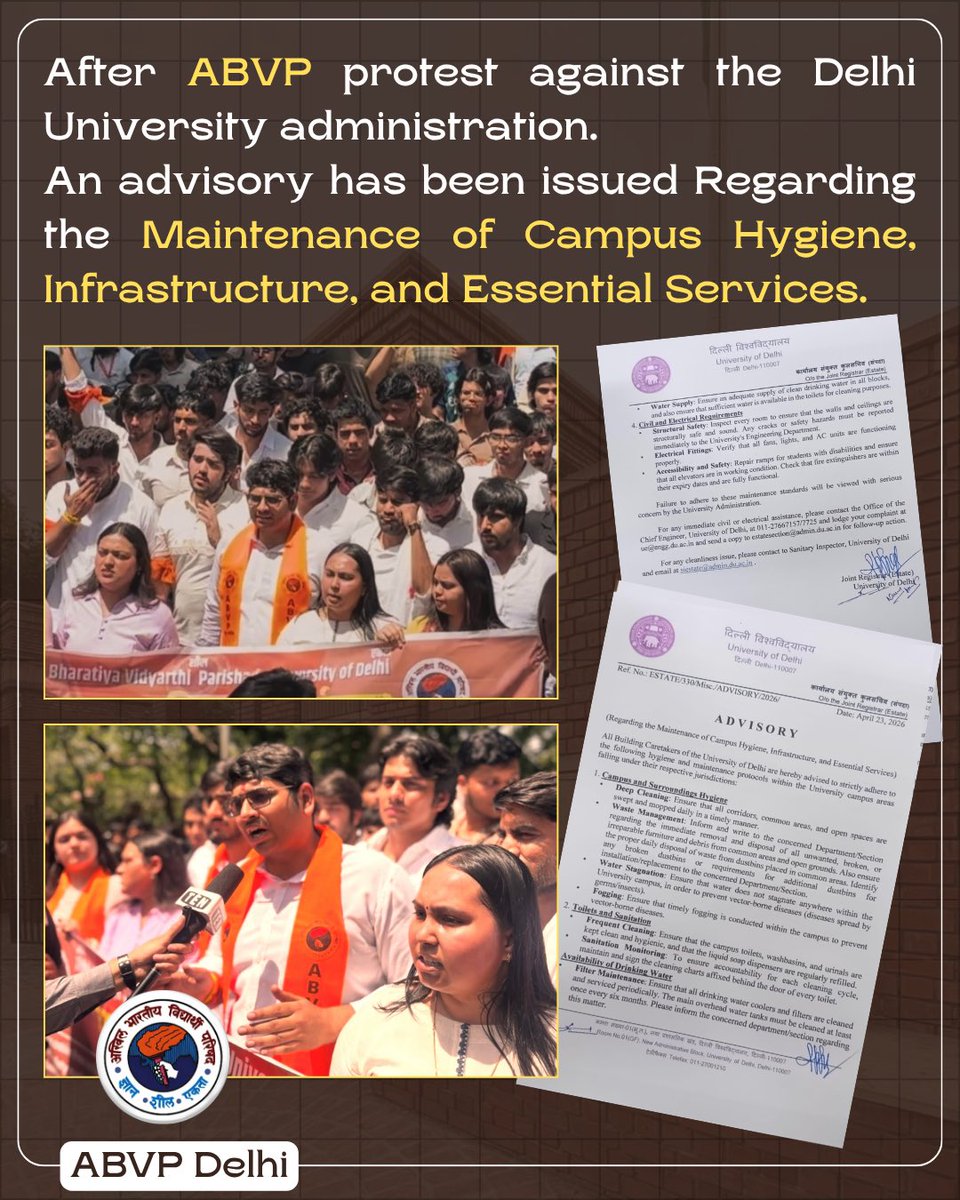 ABVPDelhi's tweet photo. Delhi University administration finally takes note after ABVP’s strong protest.
An official advisory has now been issued focusing on campus hygiene, sanitation, infrastructure, and essential services issues that directly affect every student’s daily life.
From clean campuses and proper waste management to functional toilets, safe infrastructure, and drinking water facilities, ABVP has consistently raised student concerns with responsibility and determination.
This is not just a step forward, but a reflection of student unity and effective representation.

Student voice matters. ABVP ensures it is heard.