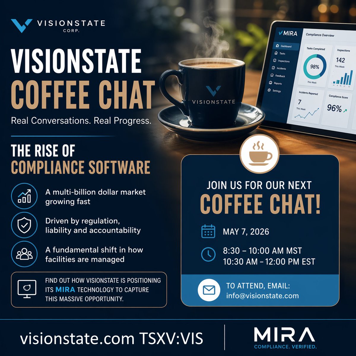 visionstate's tweet image. ☕ Join our next Coffee Chat to learn how we’re positioning MIRA to capture this growing market.

📅 Thursday May 7, 2026, 8:30 am MST, 10:30 am EST. Contact us at info@visionstate.com for meeting details.

$VIS.V #Visionstate #IOT #AI #WANDA #MIRA #Technology #FacilityManagement