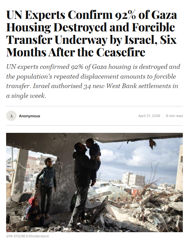 YourAnonCentral's tweet image. 92% of Gaza's housing has been destroyed by Israel. The repeated displacement of virtually the entire population constitutes forcible transfer, a grave breach of the Fourth Geneva Convention and a crime against humanity under the Rome Statute.

773 Palestinians have been killed