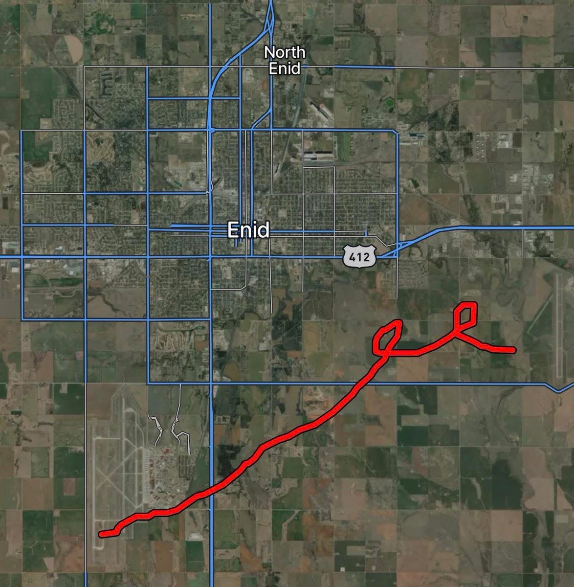 Wow.. Enid, Oklahoma was about 2-3 miles from a historic event yesterday. 

Based on radar data, it appears the tornado made a northward dash for town twice, but looped back around on itself. 

The true path and damage will be surveyed in the coming days.
