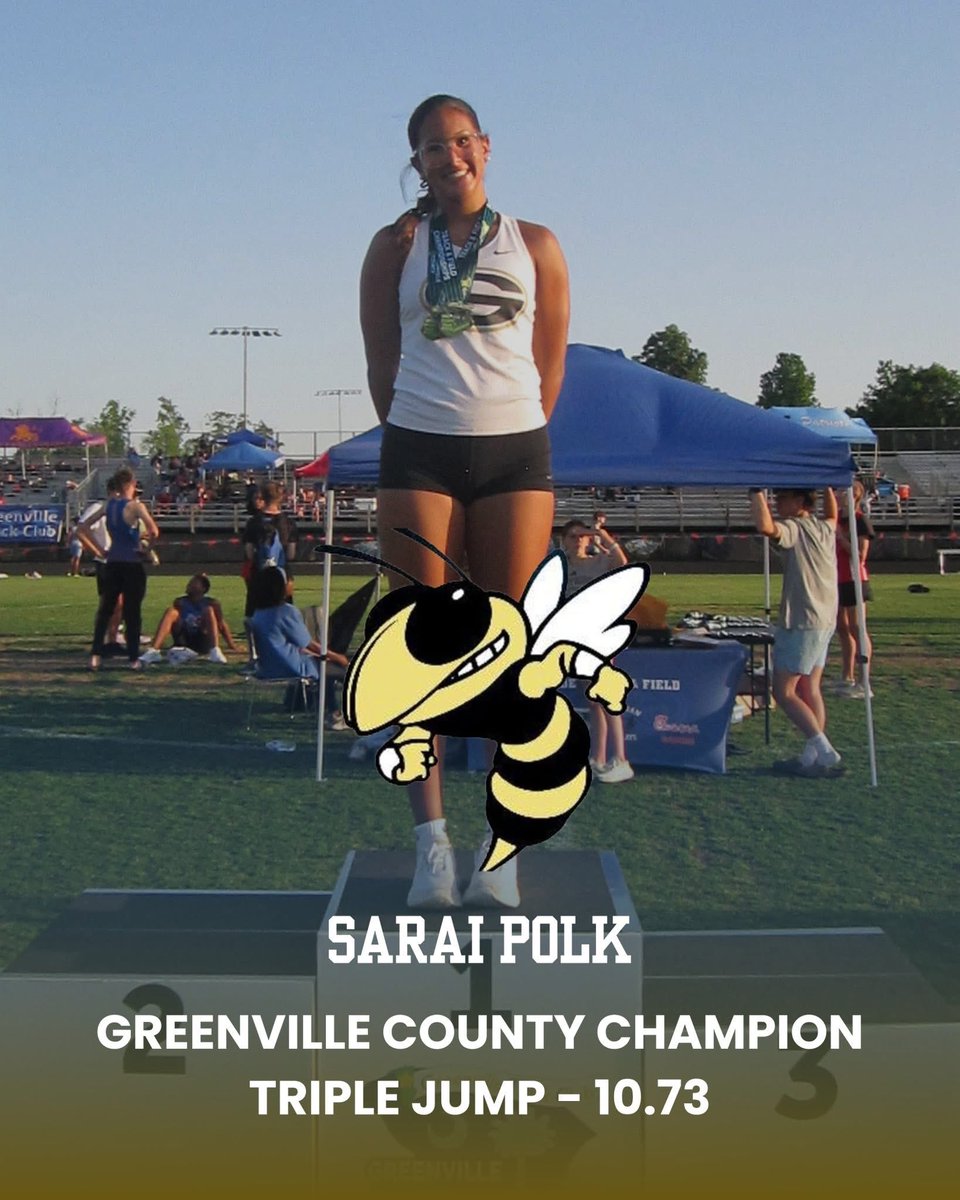 AthleticsGreer's tweet photo. Congratulations to Sarai Polk on becoming a Greenville County Champion in the Triple Jump with an outstanding mark of 10.73 meters! Your hard work, dedication, and determination have paid off in a big way. We are so proud of you, Sarai!🎉 https://t.co/jxcvLkyaYQ