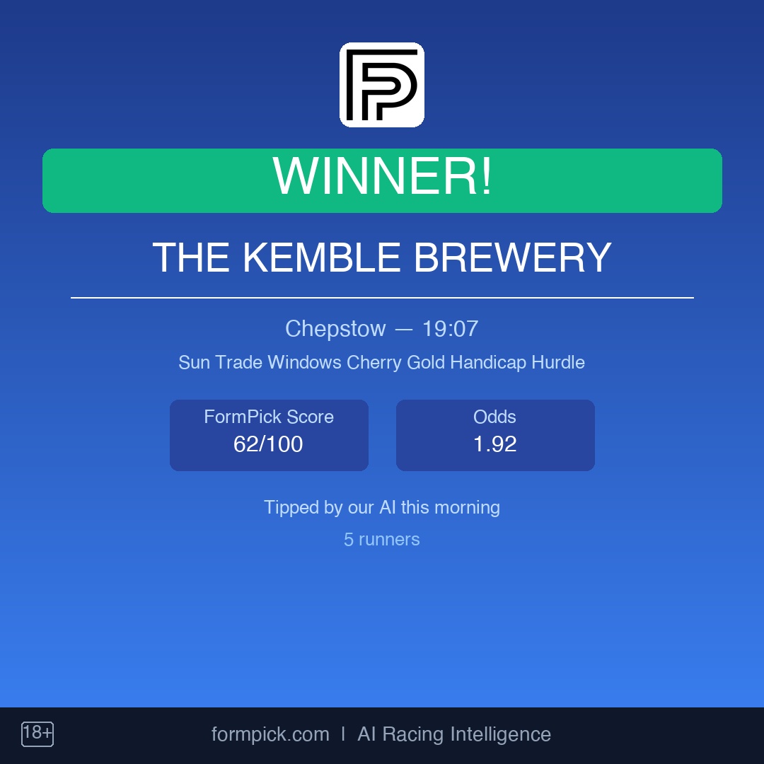 Formpick's tweet image. WINNER! Our #1 AI pick lands!

The Kemble Brewery — Chepstow 19:07
Odds: 1.92

FormPick Score: 62/100

Our AI crunched 4 billion data points to find this.
Get daily tips at formpick.com

#horseracing #tips #formpick