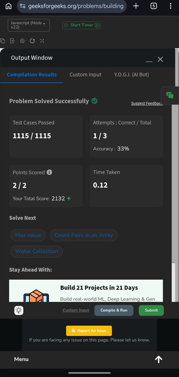 Pratikshak19332's tweet image. 🎉 590 days of consistency 🔥

🔍 Approach: Used a greedy strategy — tracked the maximum height so far while traversing the array. If the current building is taller (or equal), it gets sunlight ☀️

Small steps daily → Big progress 📈

#GeeksforGeeks #DSA #CodingJourney