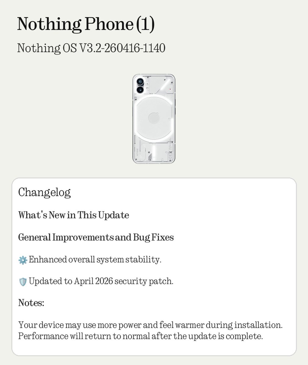 Nothing_Update's tweet photo. A new update is rolling out for Nothing Phone (1)!
Version: Nothing OS V3.2-260416-1140 https://t.co/b80iYbPTeg