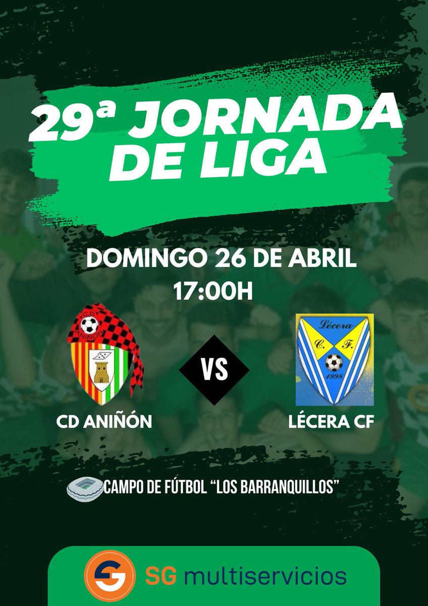 cd_aninon's tweet photo. 🚨💚 Aniñón vs Lecera, domingo a las 17:00

Tras caer por 3-5 contra el Alhama en un partido en el que las bajas nos volvieron a condenar, los nuestros vuelven a jugar en casa este domingo contra el Lécera.

¡Os esperamos a todos para echarnos una mano en estos duros momentos! 💚 https://t.co/6AFC2mnGi5