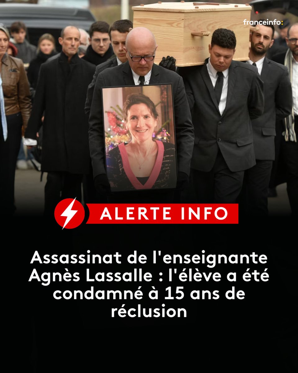 ALERTE INFO - L'élève jugé pour l'assassinat de sa professeure d'espagnol Agnès Lassalle en 2023 à Saint-Jean-de-Luz a été condamné à 15 ans de réclusion, vendredi 24 avril, par la cour d'assises des mineurs des Pyrénées-Atlantiques. C'est moins que la peine de 16ans requise par