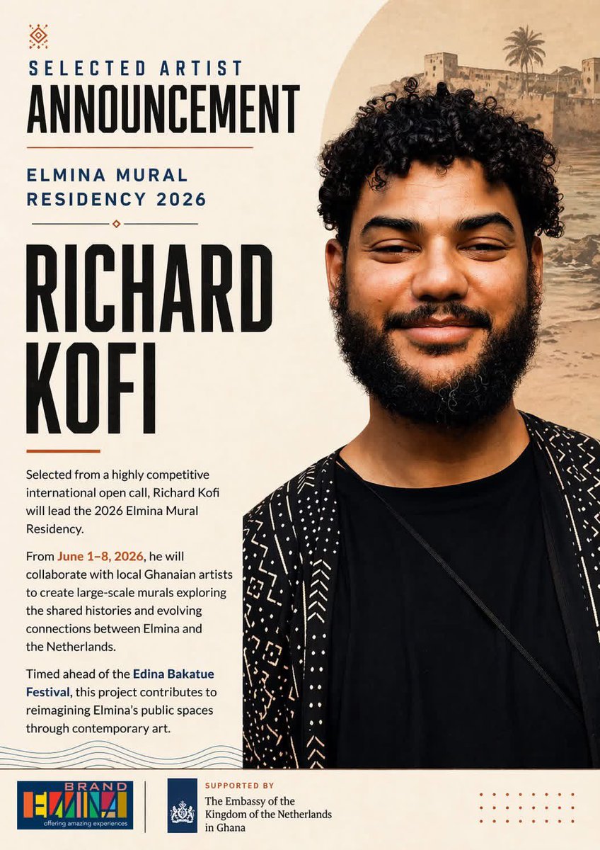 After a competitive Netherlands-wide call, Richard Kofi is selected. His work on identity, history, and contemporary visual language aligns with the residency.

June 1–8: in Elmina with local artists creating public murals on shared Elmina–Netherlands histories, ahead of Bakatue.